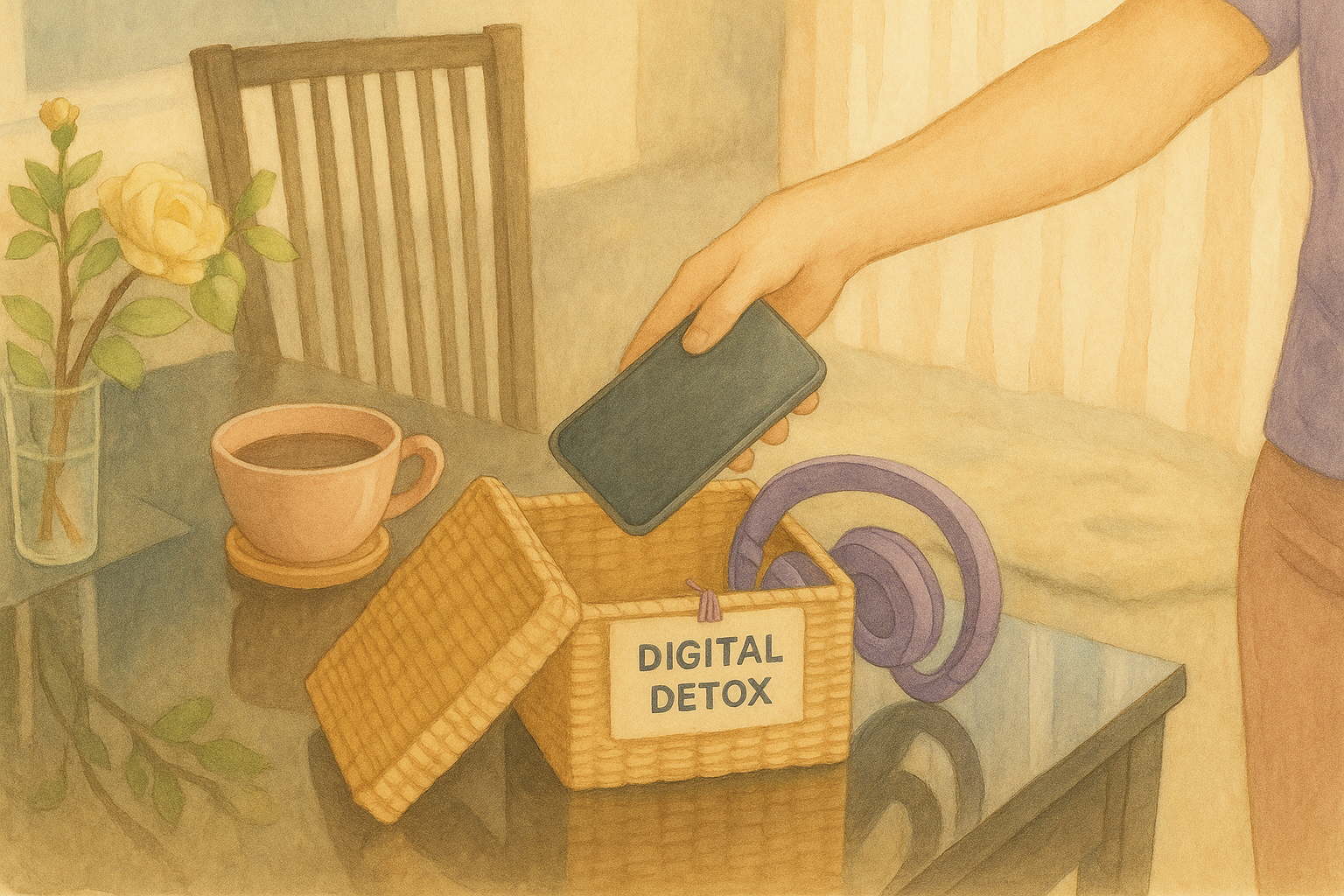 Digital detox basket illustration in Understanding Tech sketch style