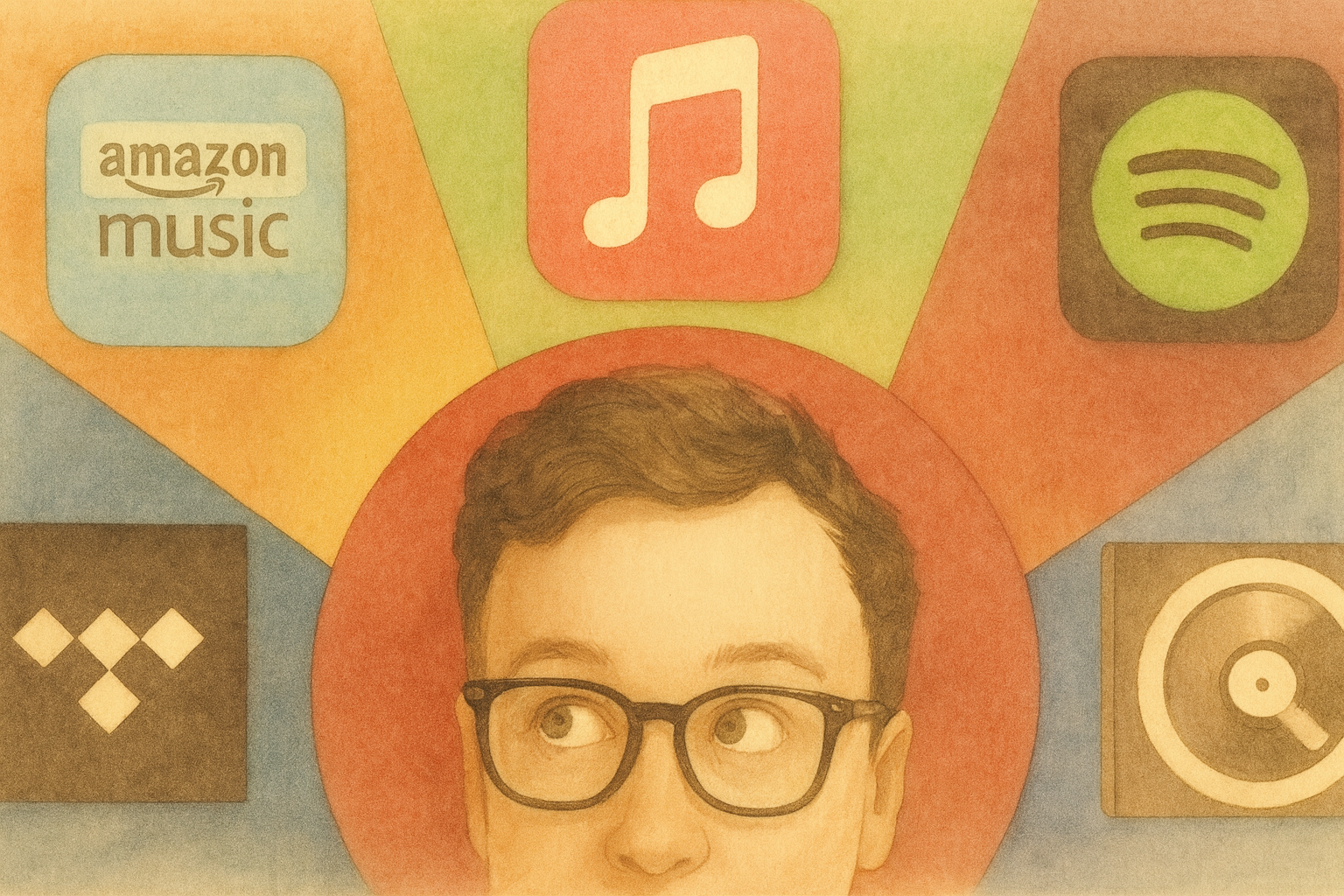 Confused man surrounded by music app logos