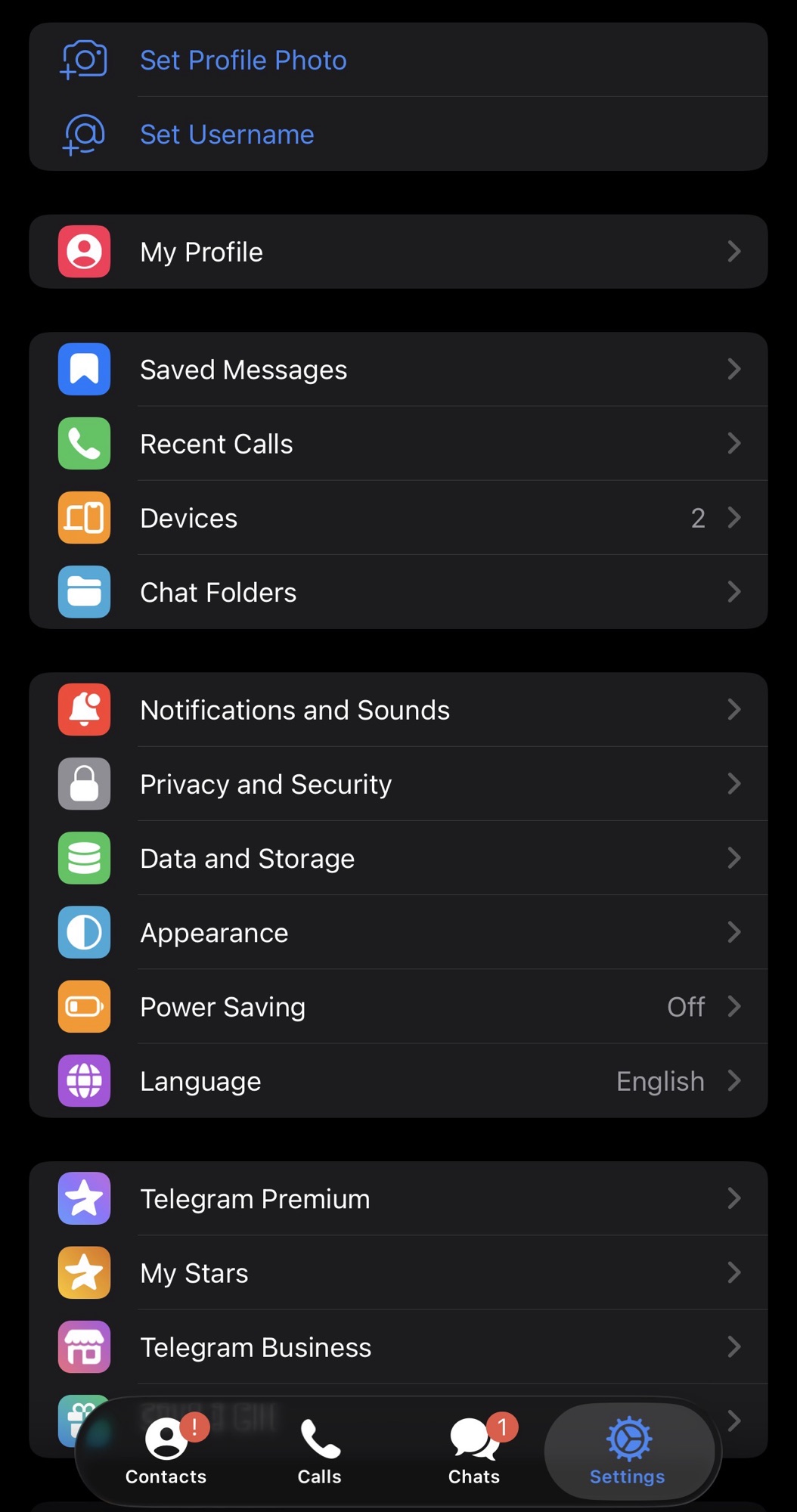 Telegram app home screen showing chat list