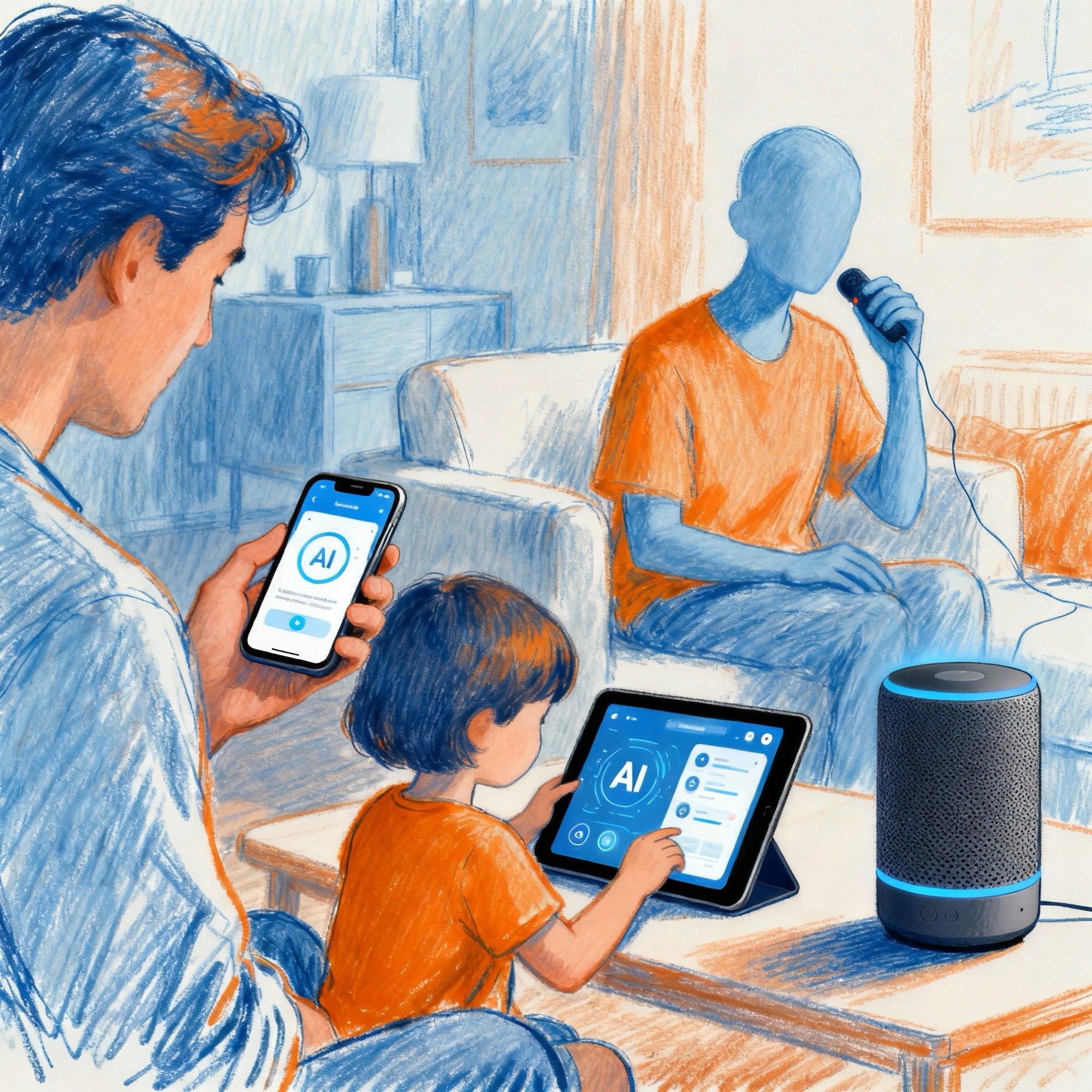 Family using AI at home across phone, tablet and laptop