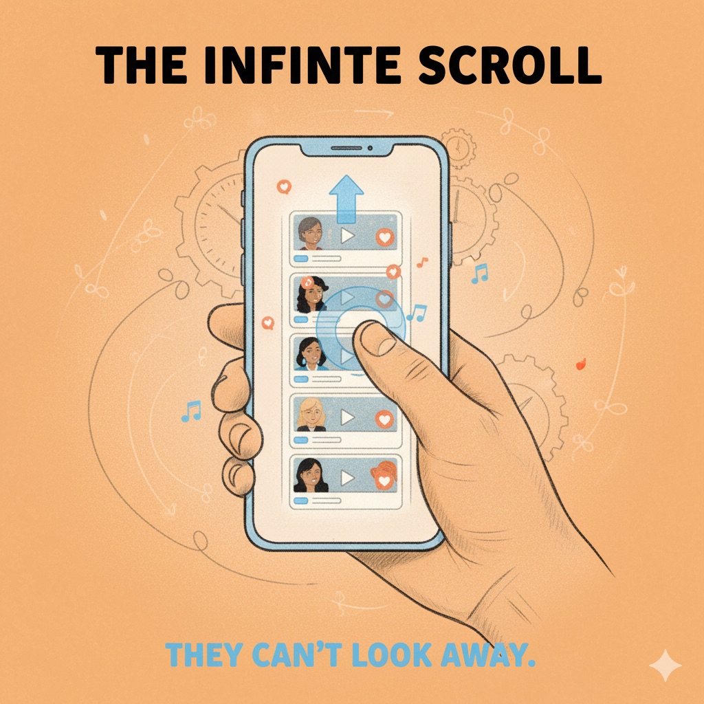Hand holding smartphone scrolling through endless TikTok videos in vertical feed