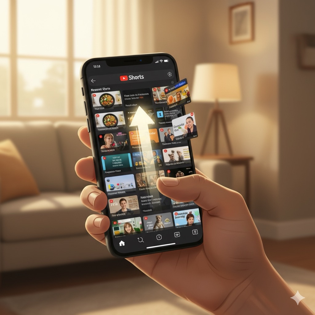 Smartphone showing YouTube Shorts infinite scroll feature with multiple videos stacked vertically