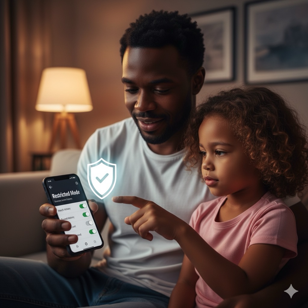 Parent and child reviewing YouTube Restricted Mode settings together on a smartphone