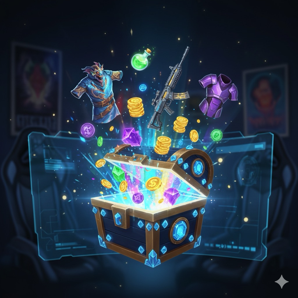 Glowing loot box exploding with virtual items and currency symbols