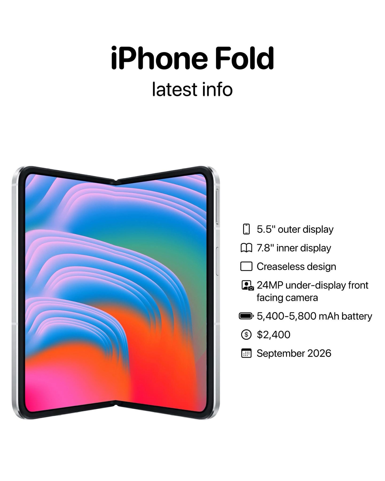 Concept render of Apple's rumoured iPhone Fold with book-style crease-free display