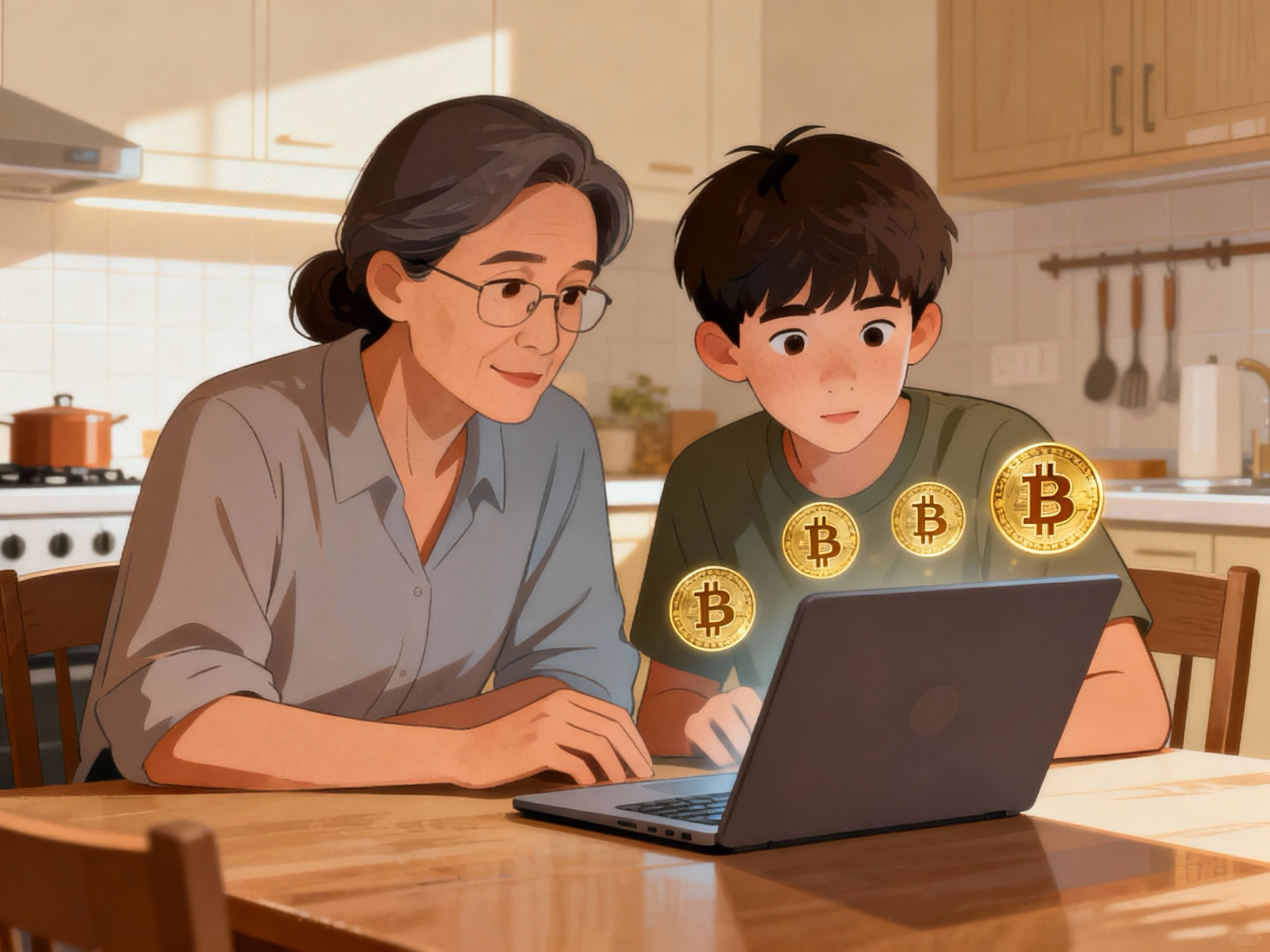 Parent and child talking about Bitcoin on a laptop