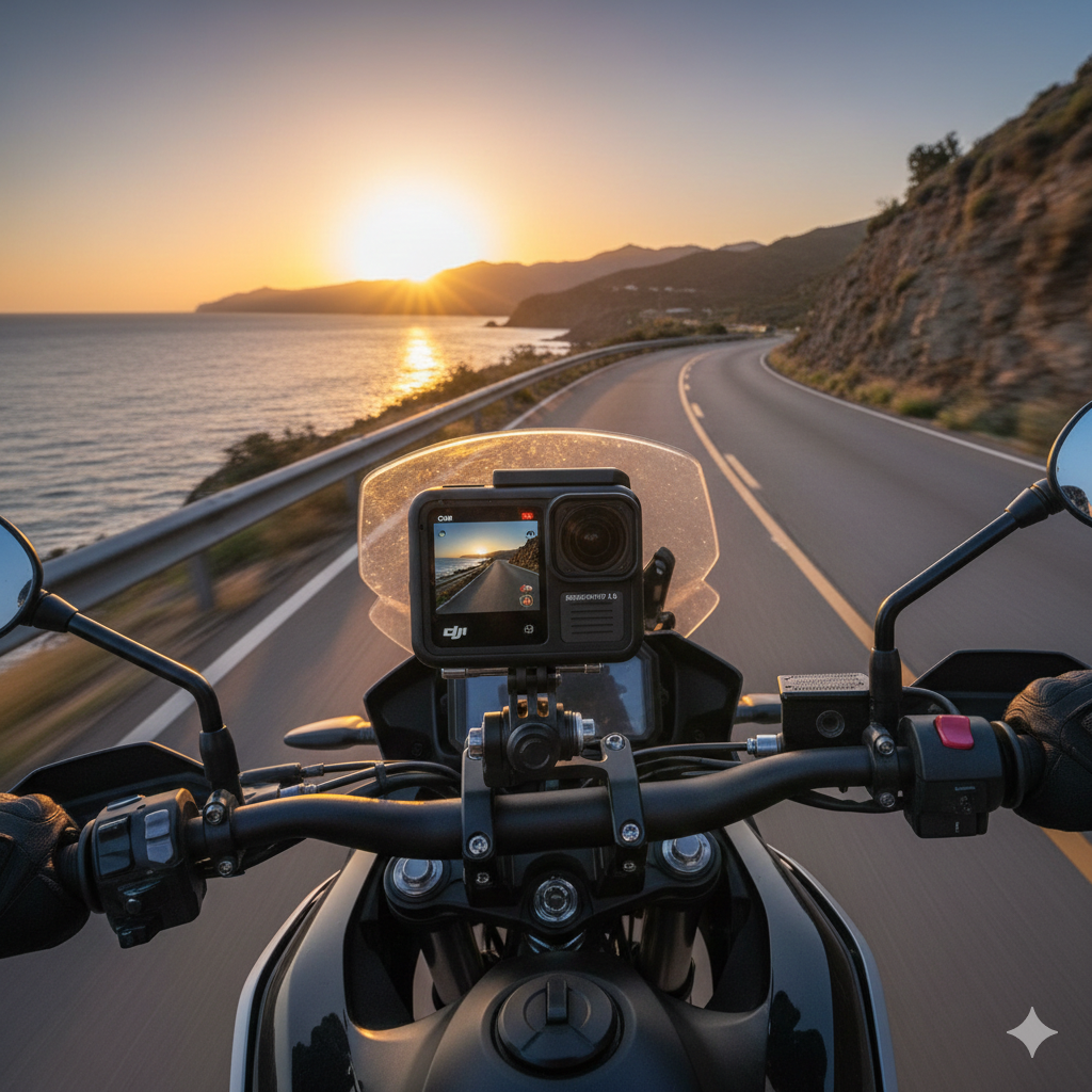 Skiing with an action camera mounted on helmet