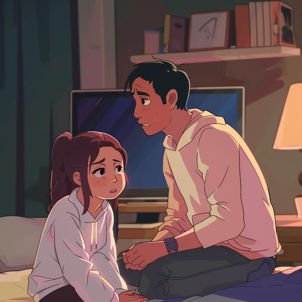 Parent comforting child after cyberbullying incident in a bedroom