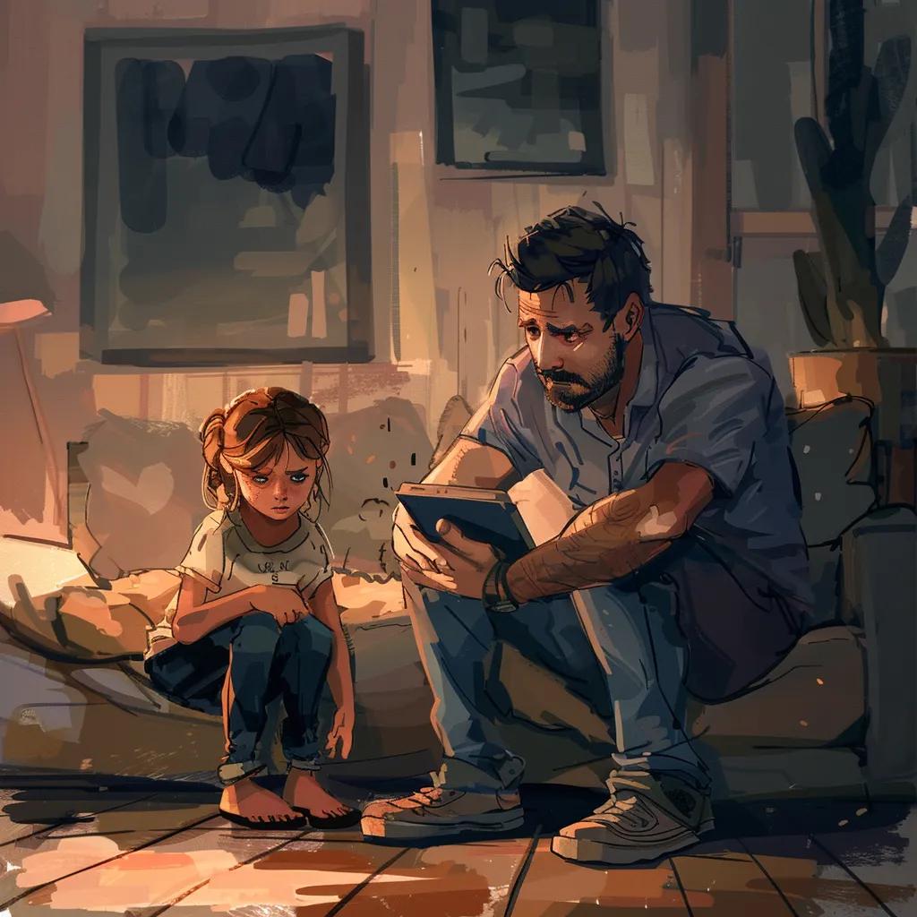 Concerned parent observing a distressed child with a tablet, highlighting emotional signs of cyberbullying