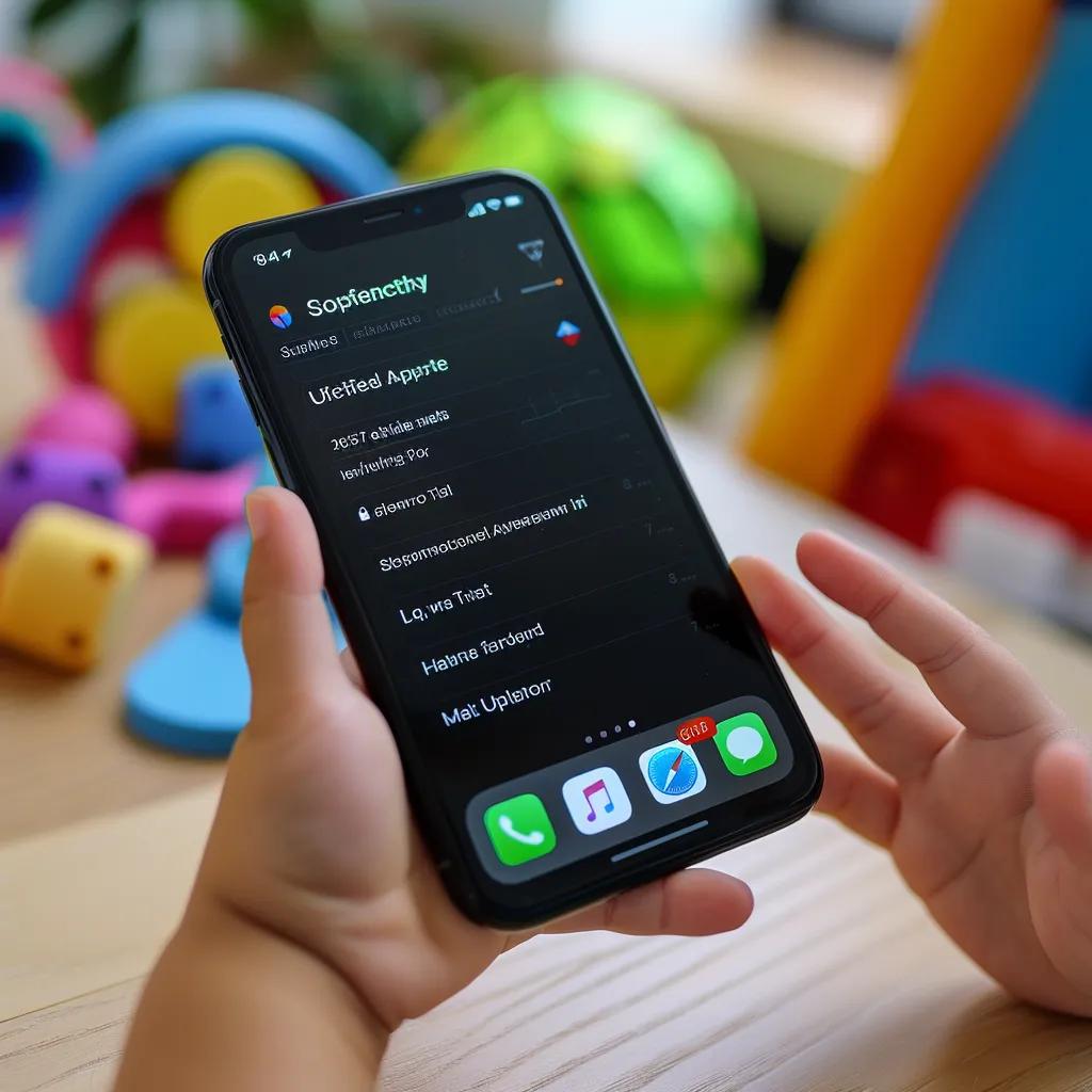 Child's hand reaching for an iPhone displaying the software update settings