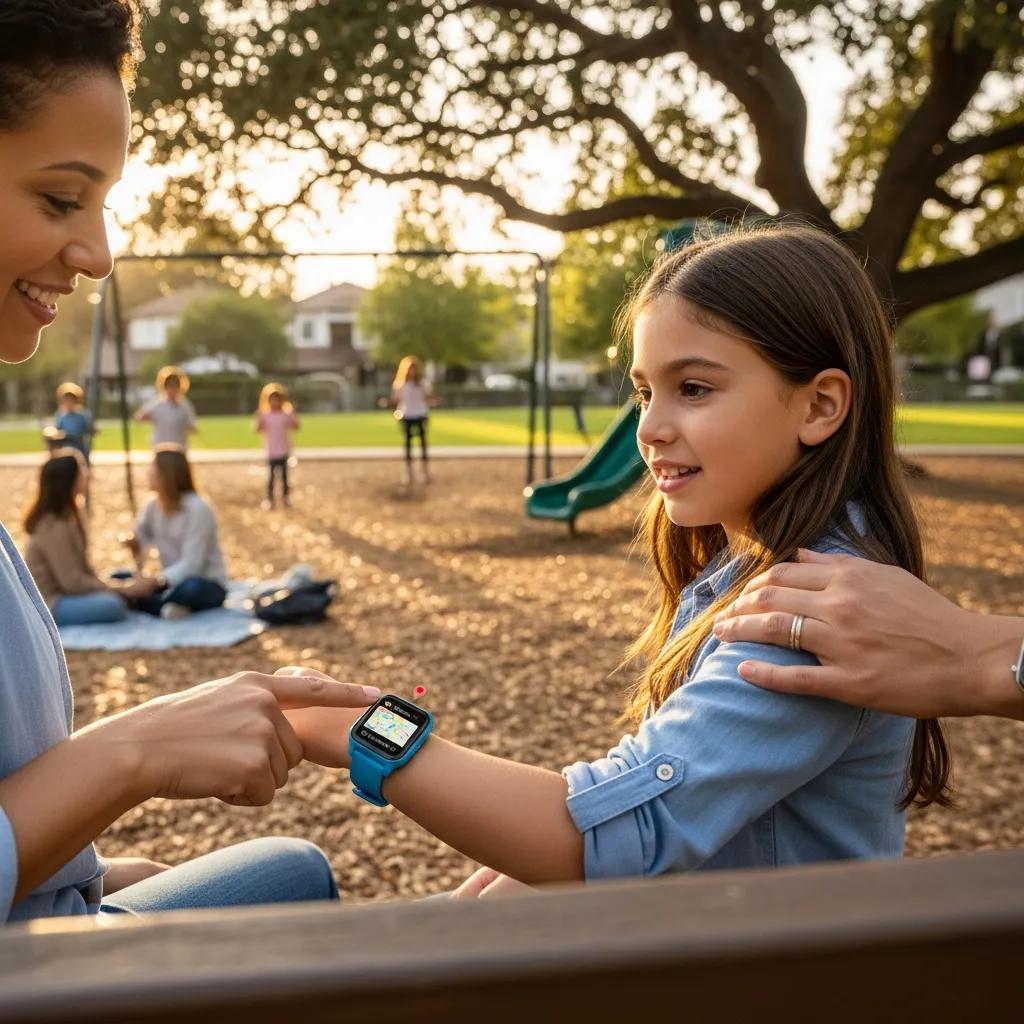 A parent and child discussing the features of a kids smartwatch with GPS tracking in a relatable setting
