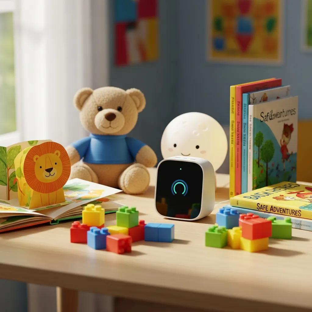 AI assistant device in a child-friendly environment, highlighting its role in data privacy compliance