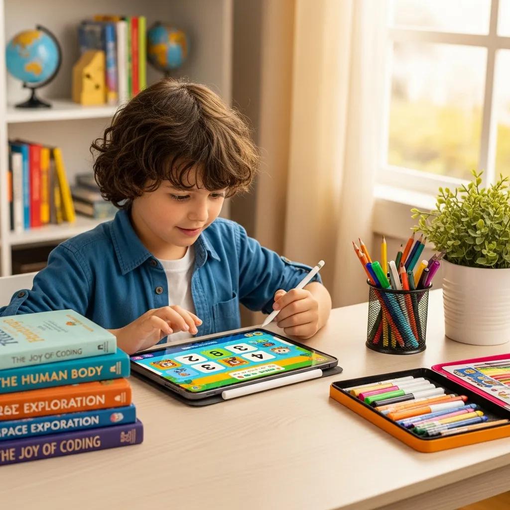 Child engaged in digital learning, fostering responsible tech use and digital literacy