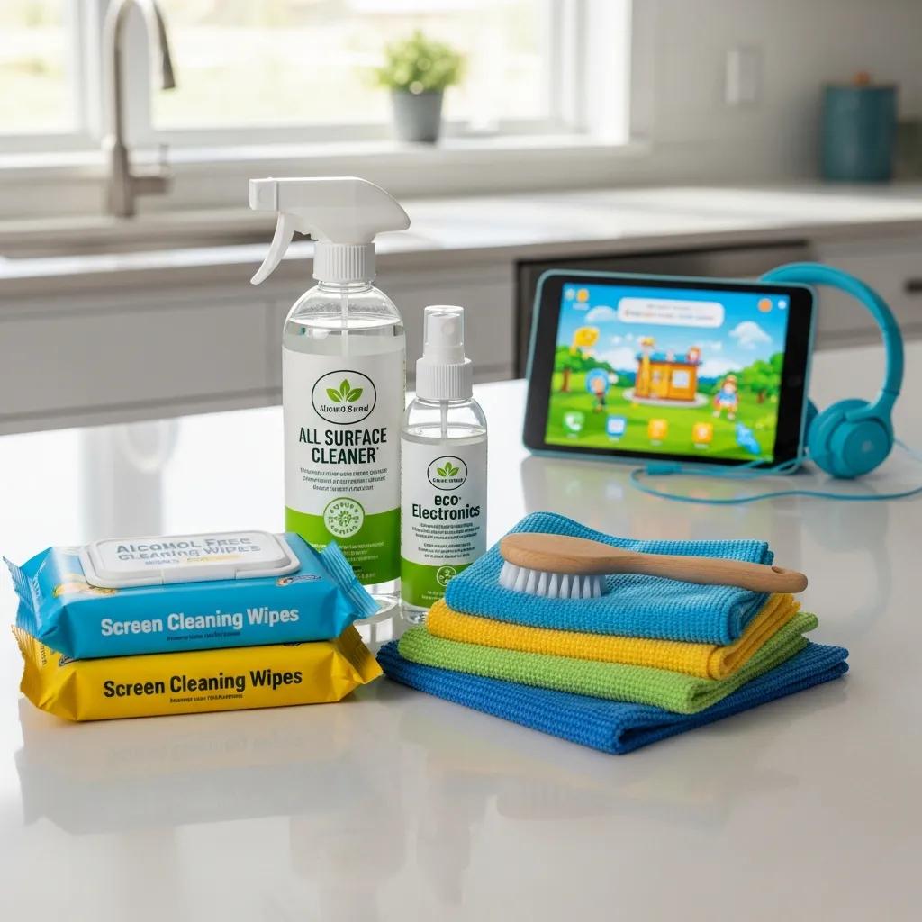 Child-safe cleaning products for electronics on a kitchen counter