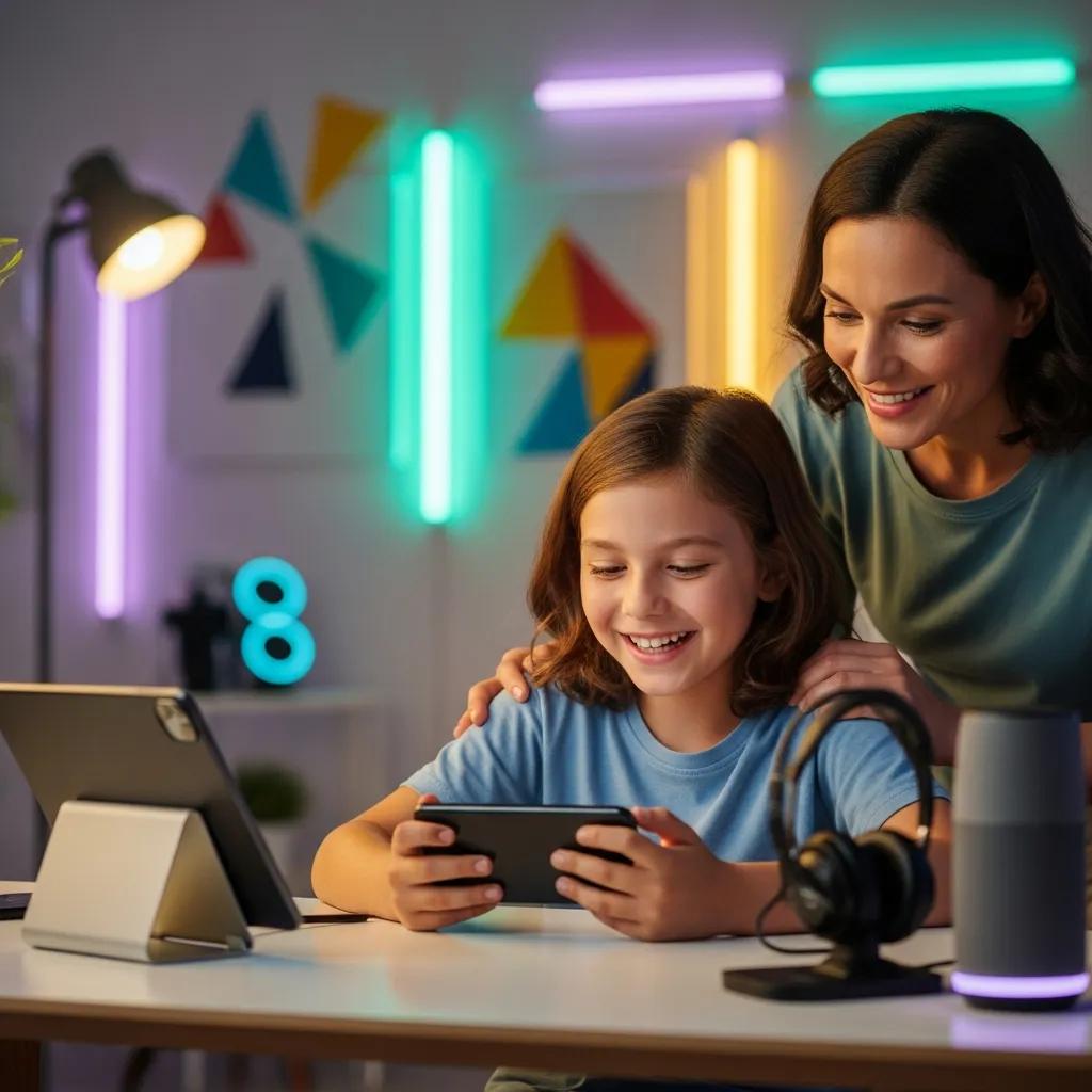 Child using smartphone with parental encouragement, promoting independence and confidence in tech skills