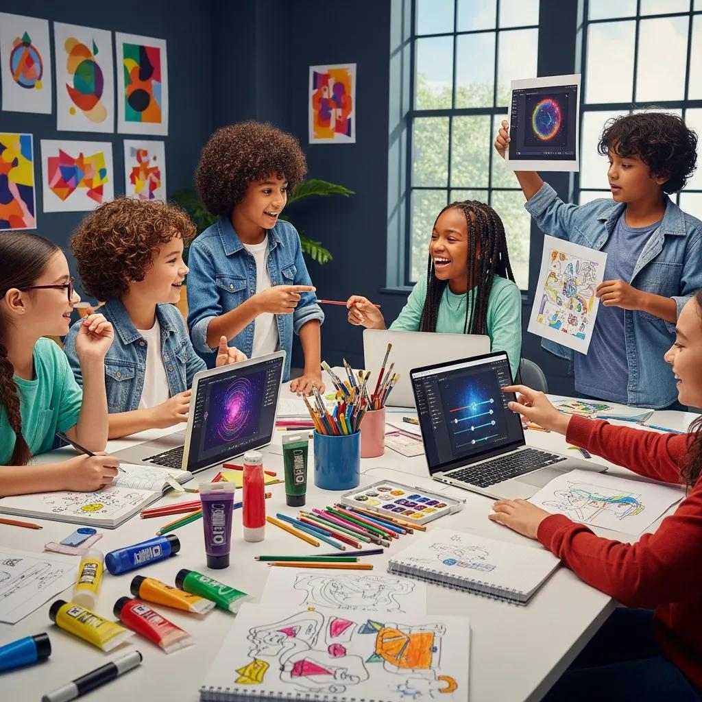 Children collaborating on a creative project with AI tools