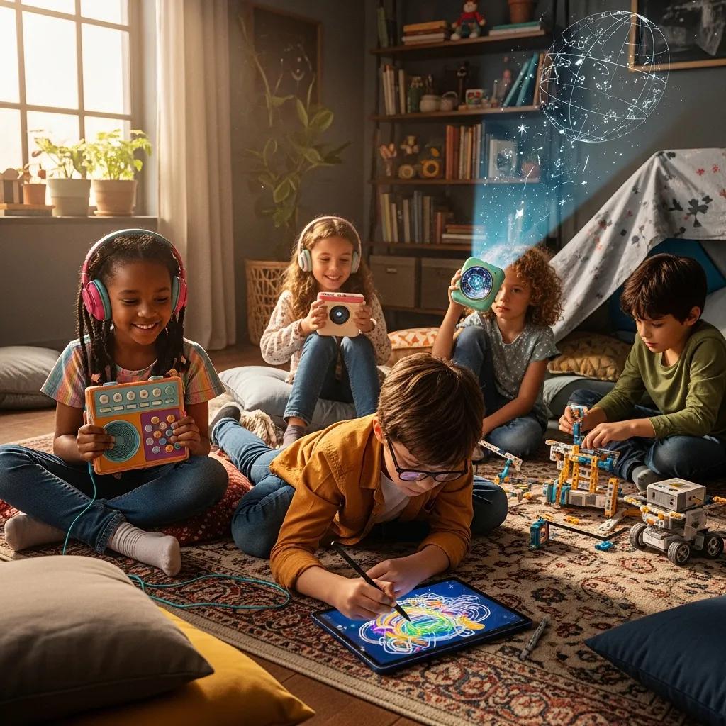 Children engaged in imaginative play with screen-free gadgets like audio players and digital art tools in a cozy setting