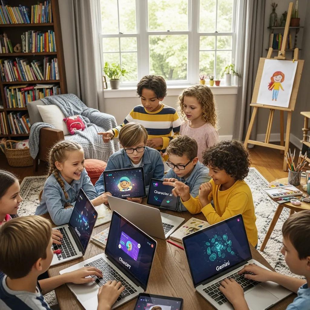 Parent discussing AI chatbot safety with child in a living room