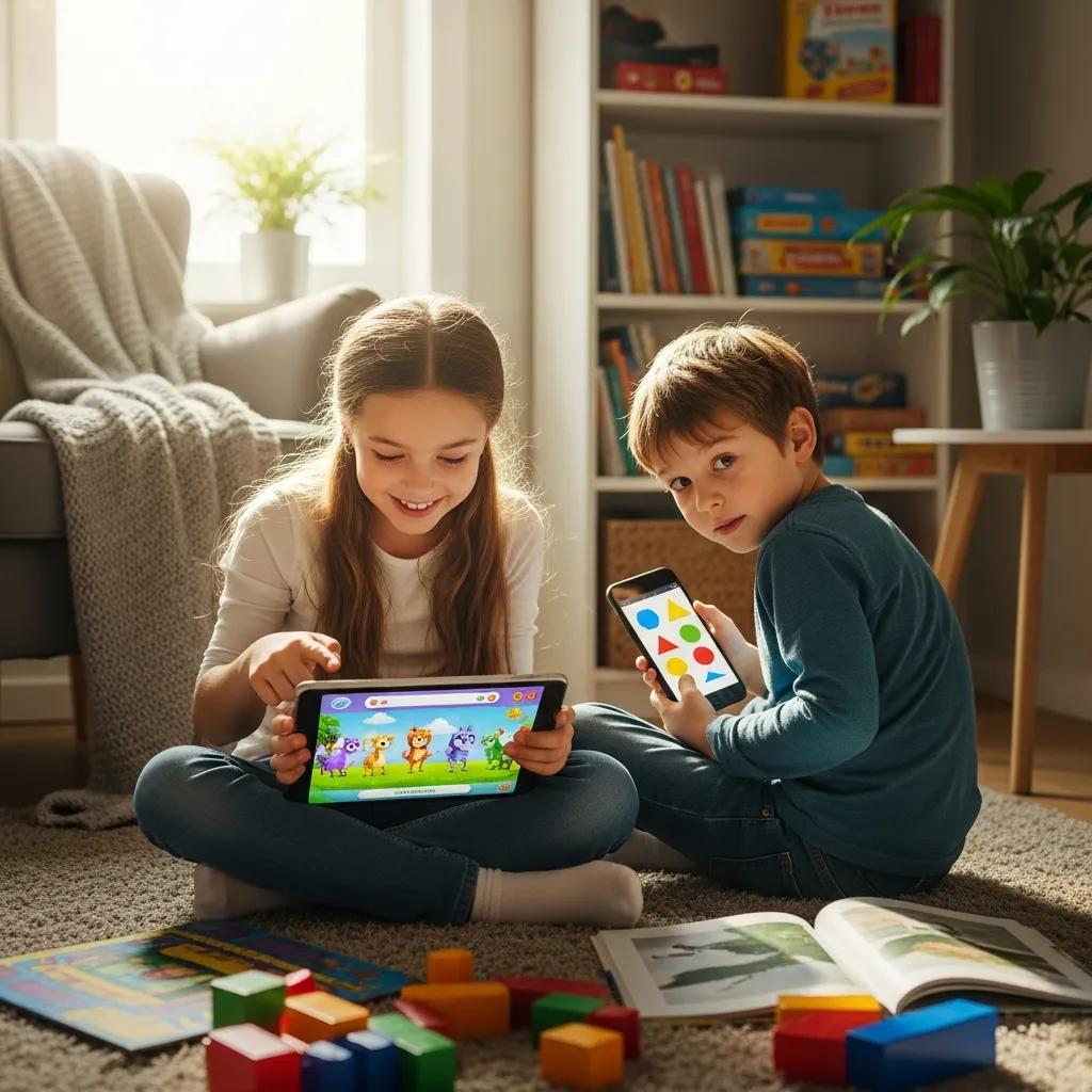 Children happily engaging with educational apps on tablets in a cozy home setting