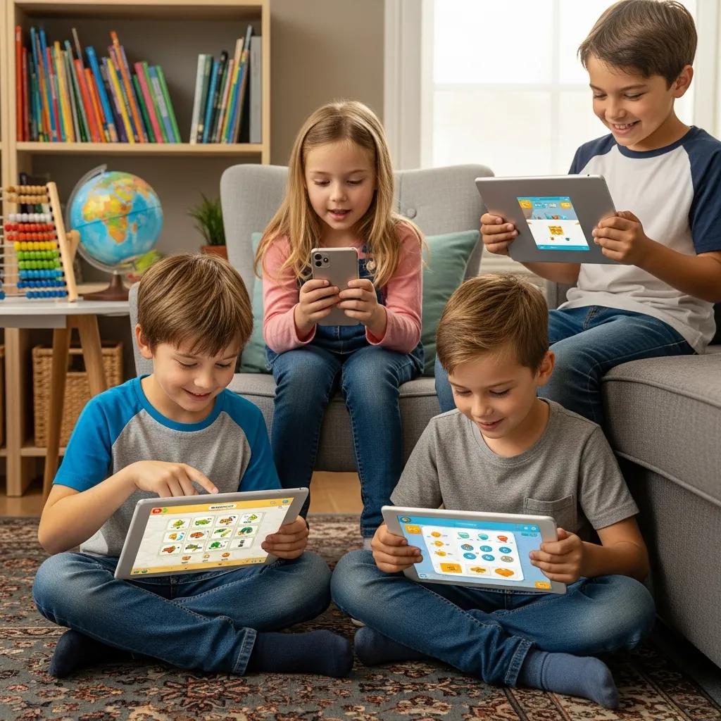 Children happily using educational apps on tablets in a safe home environment