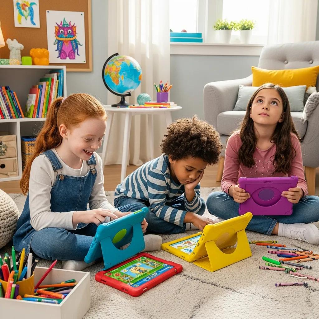 Children happily using educational tablets in a cozy living room, emphasizing learning and technology