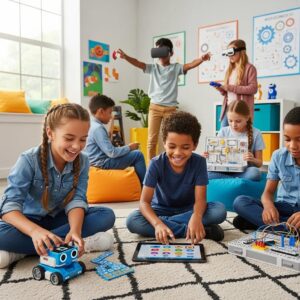 Children joyfully exploring educational gadgets like coding robots and tablets in a colorful learning environment
