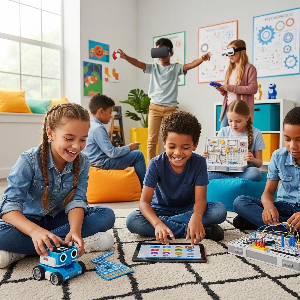Children joyfully exploring educational gadgets like coding robots and tablets in a colorful learning environment
