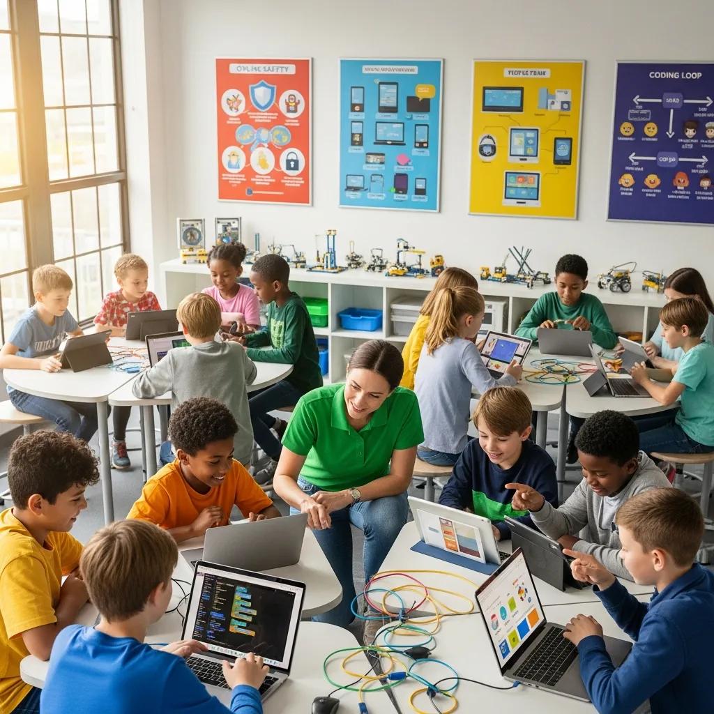 Children participating in a digital literacy workshop, highlighting educational resources for online safety