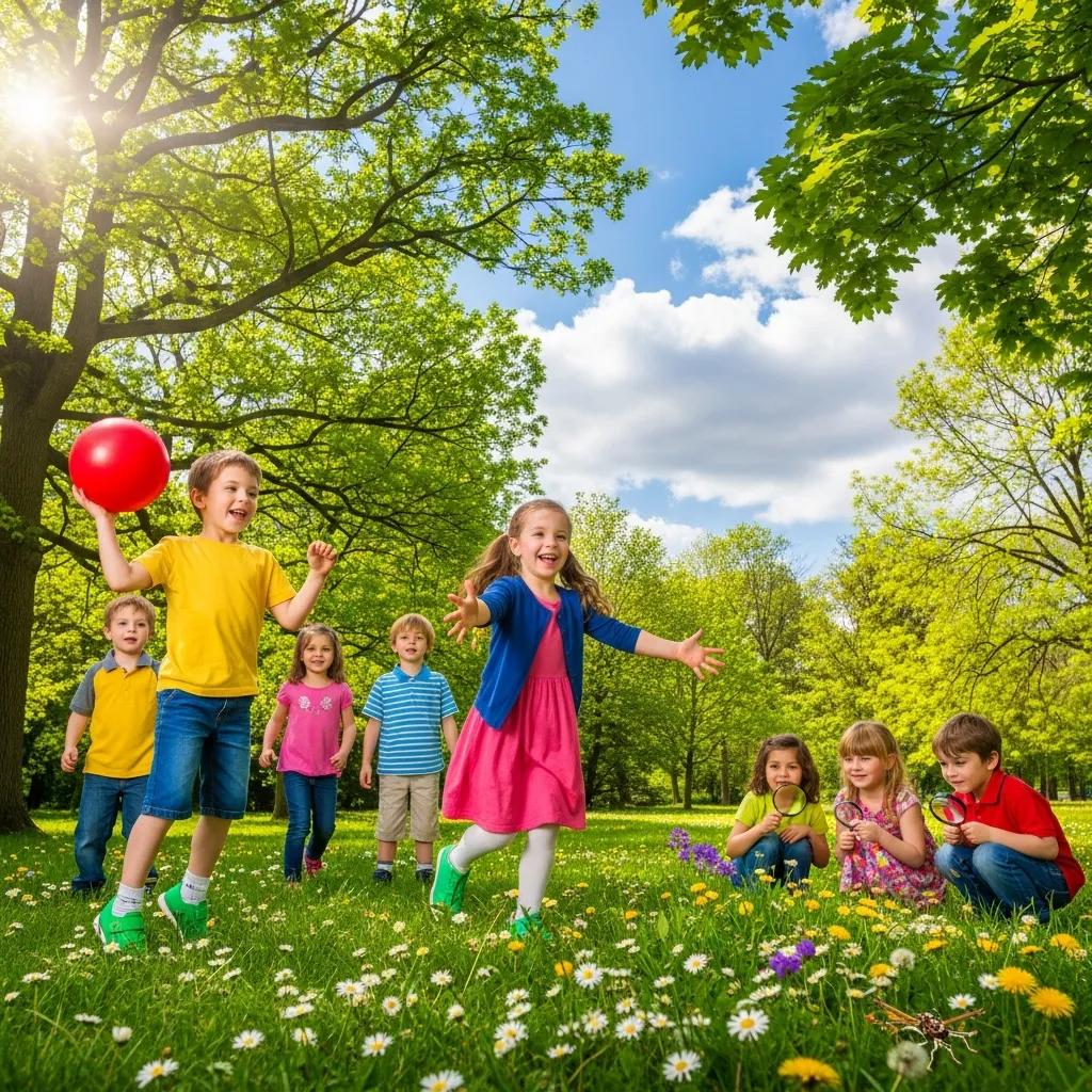 Children playing outdoors in a park, promoting healthy balance between screen time and physical activity