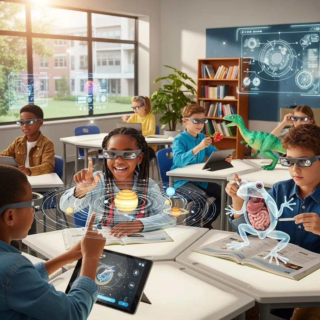 Children using augmented reality educational apps in a bright classroom setting