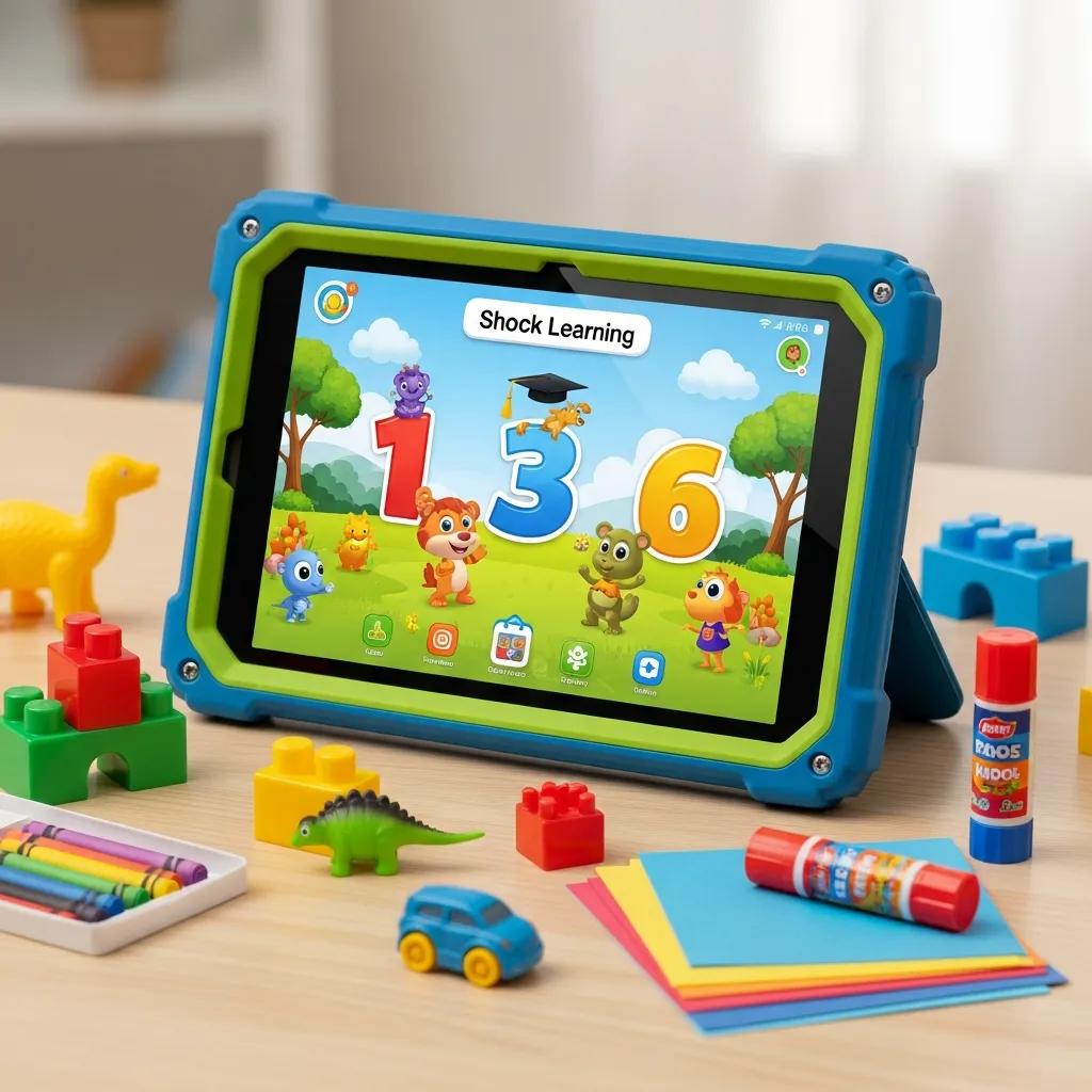 Close-up of a durable kid-friendly tablet with a rugged case, showcasing its educational app and playful surroundings