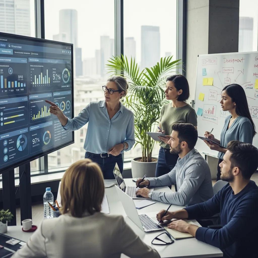 Educators and developers collaborating on AI compliance strategies in a modern office