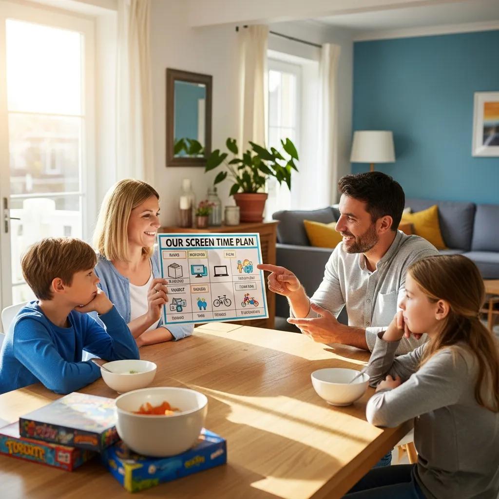 Family discussing age-appropriate screen time guidelines at a table