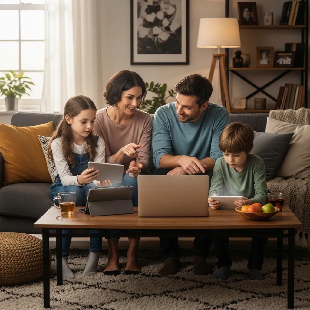 Family discussing digital safety while using technology together