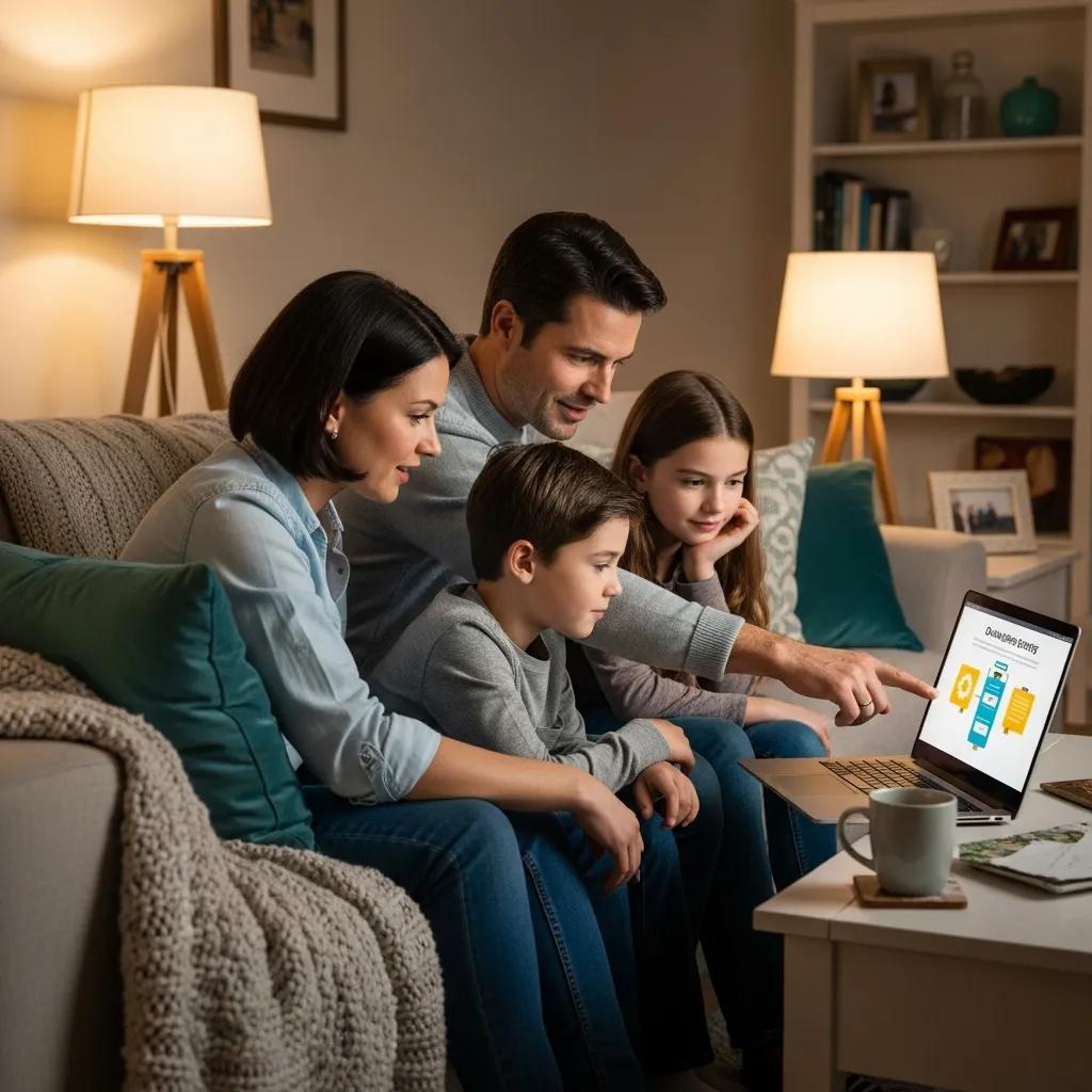Family discussing online safety while using a laptop in a cozy living room
