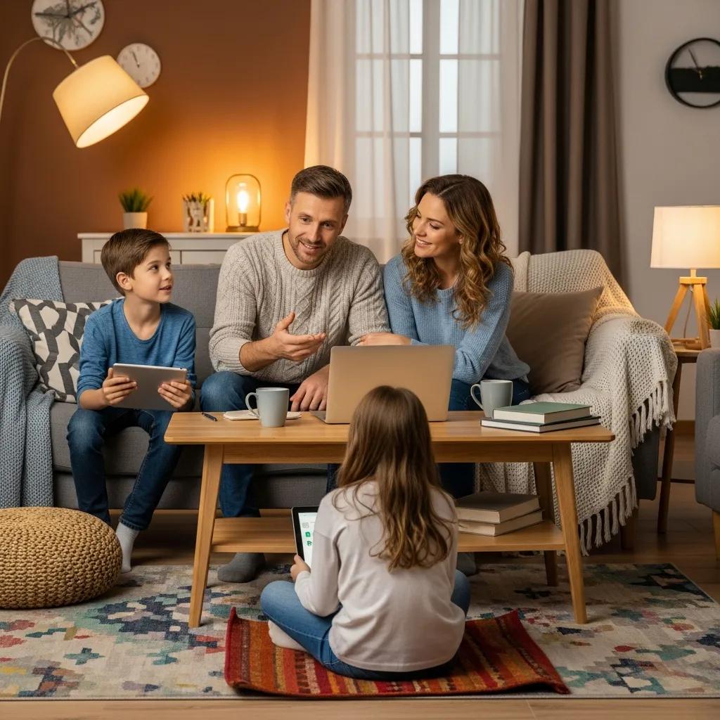 Family discussing tech safety tips in a cozy living room