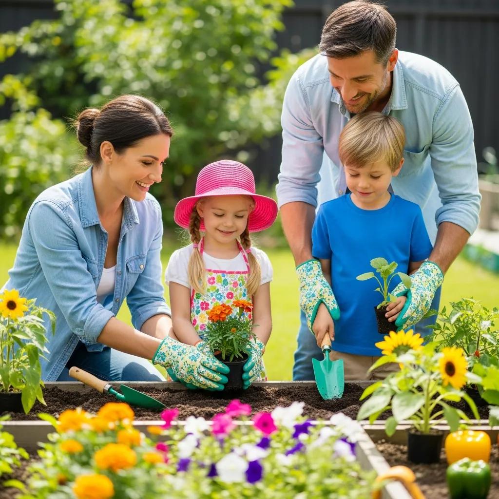 Family gardening together in the backyard, promoting outdoor activities to balance screen time