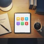 Flat lay of parental control app icons on a tablet with a notebook and coffee in a home office
