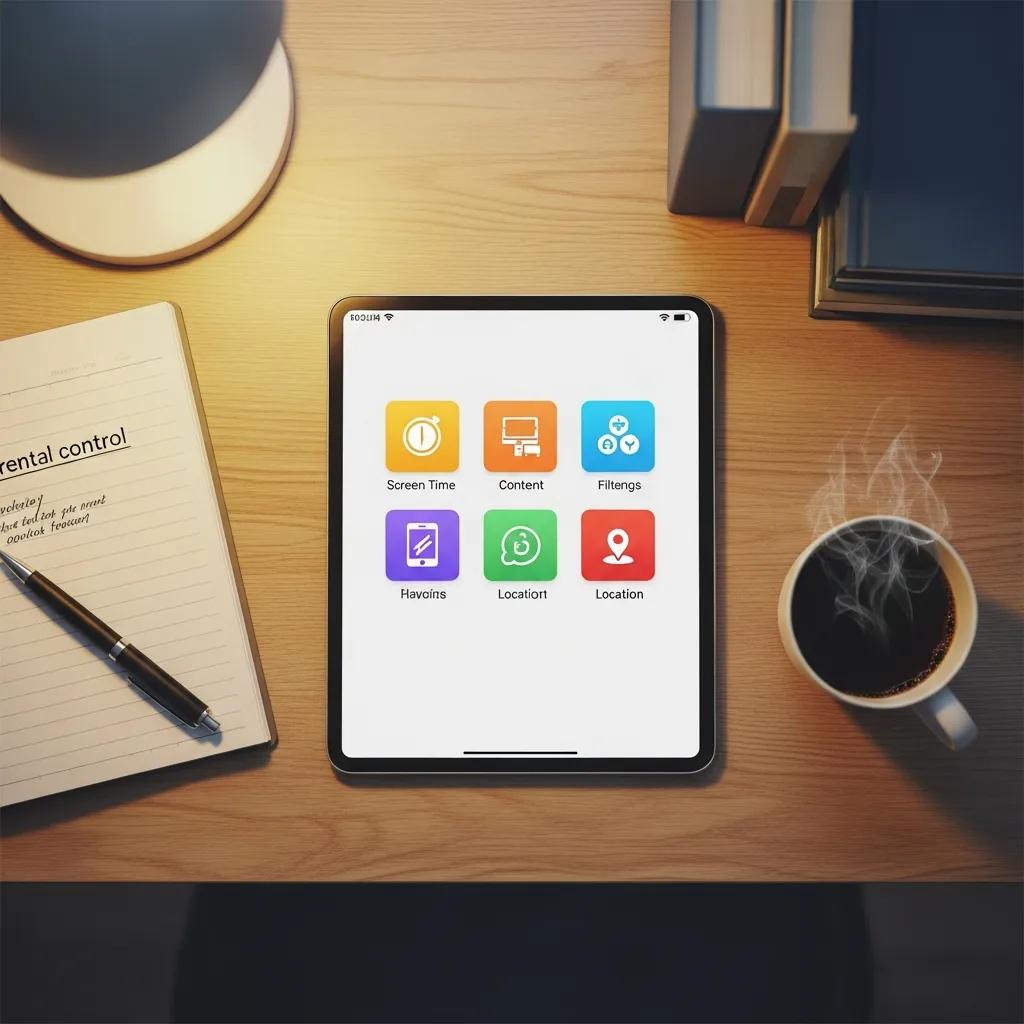 Flat lay of parental control app icons on a tablet with a notebook and coffee in a home office