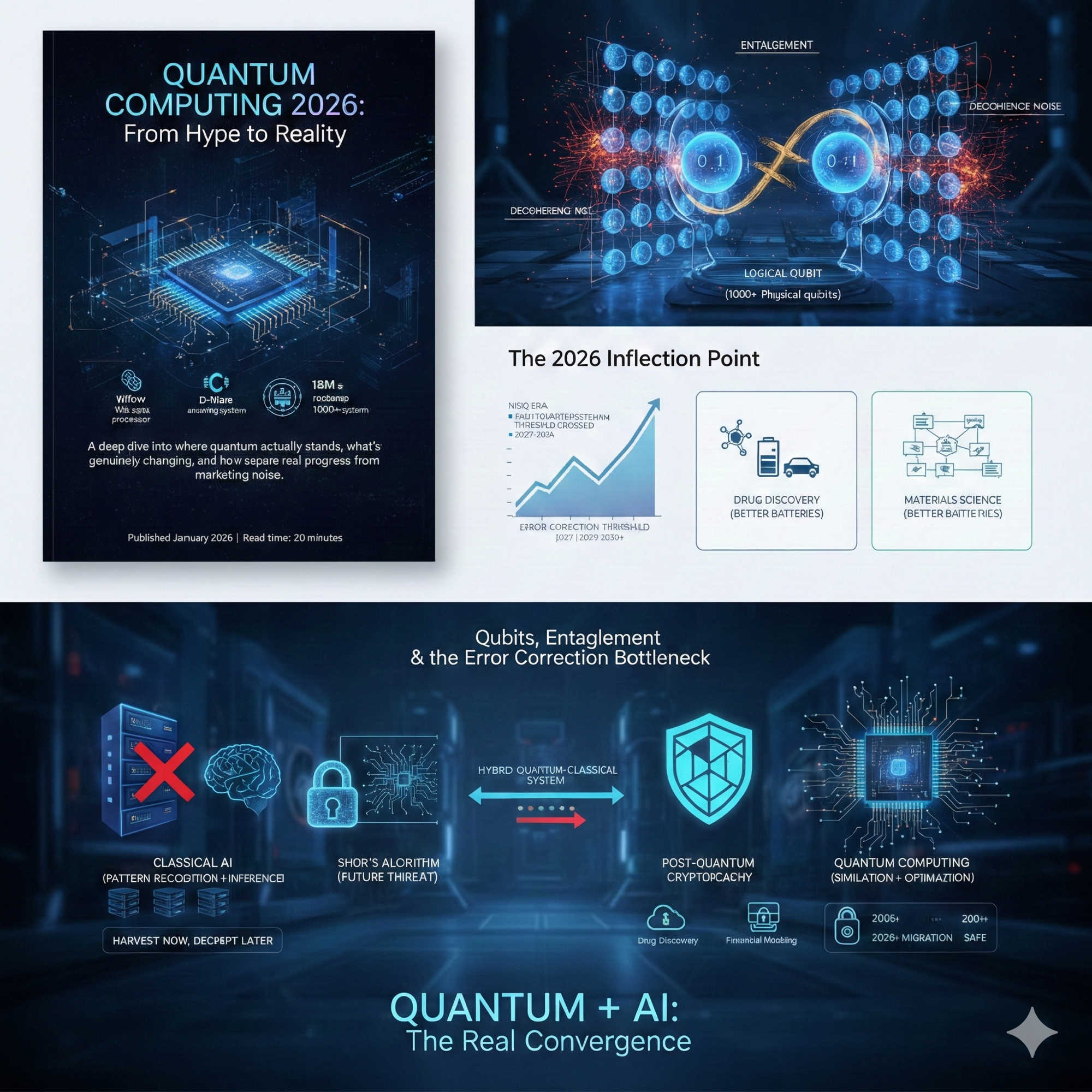 Overview graphics of quantum inflection point, qubits, cryptography, applications and AI convergence