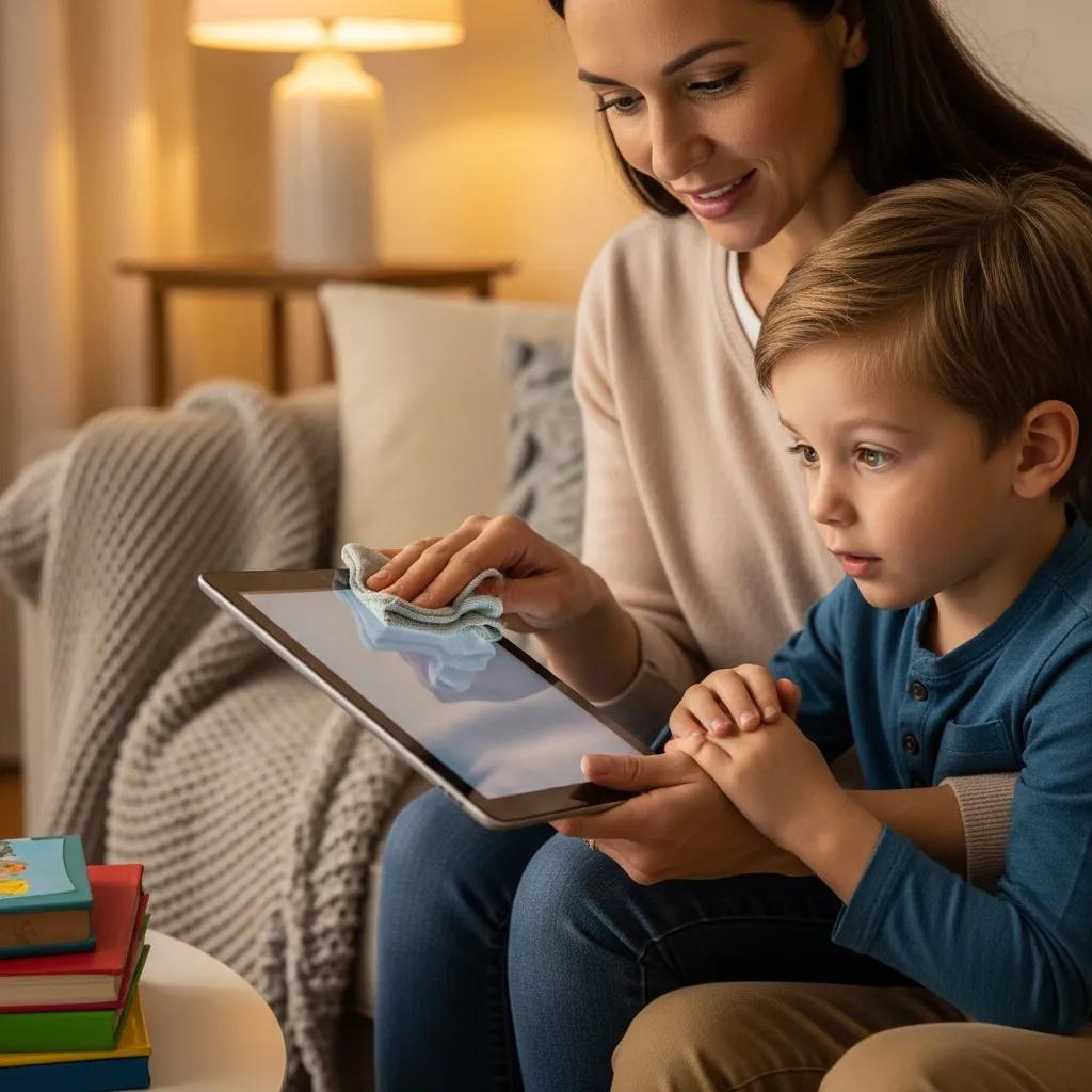 Parent and child cleaning a tablet together, highlighting device maintenance for children's safety