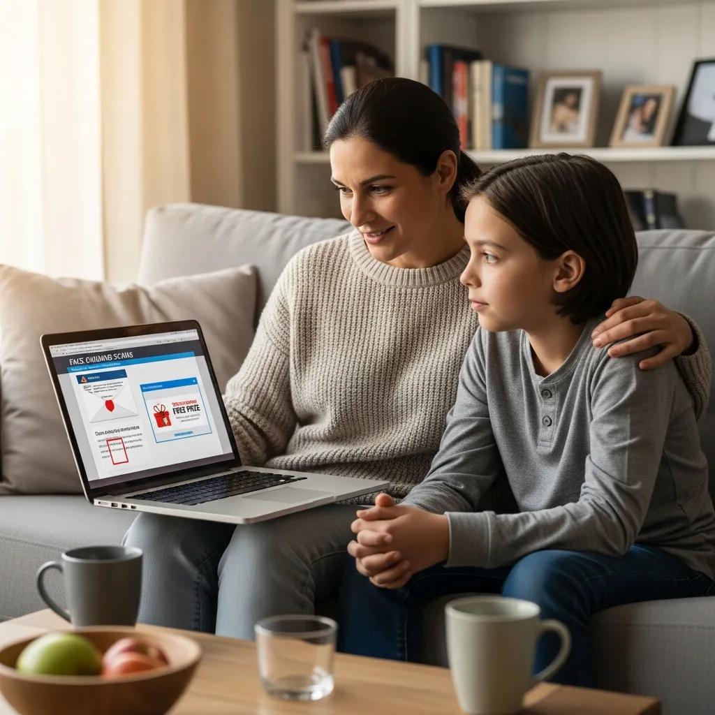 Parent and child discussing online safety and scams on a couch