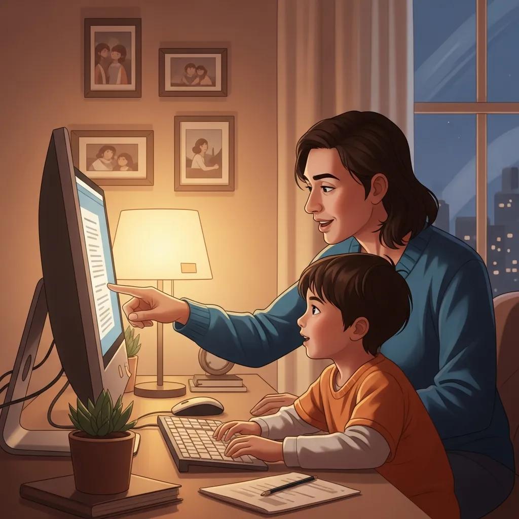 Parent and child discussing online safety at a computer, emphasizing communication to prevent cyberbullying