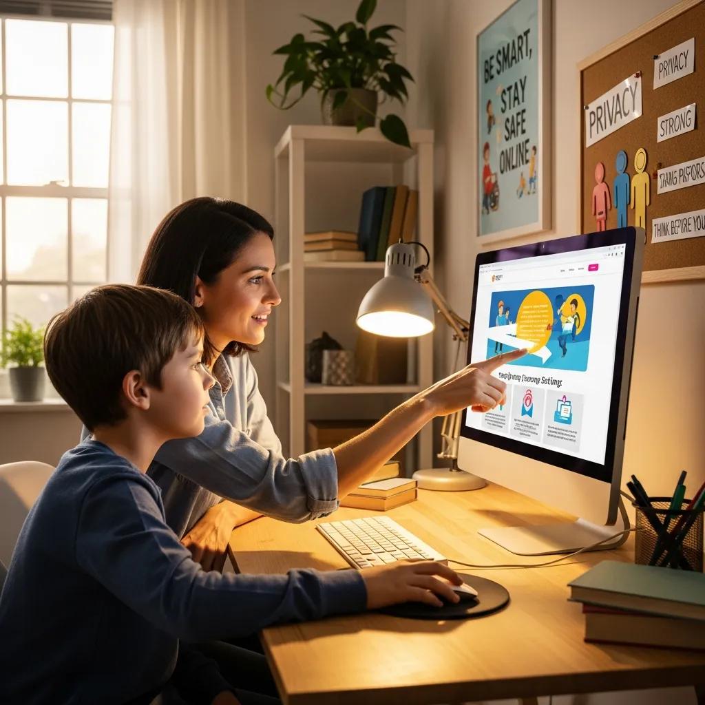Parent and child discussing online safety at a computer, emphasizing the importance of digital literacy