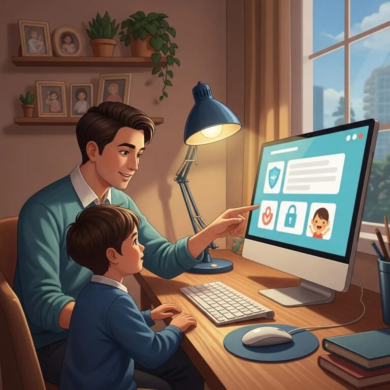 Parent and child discussing online safety in a cozy home environment