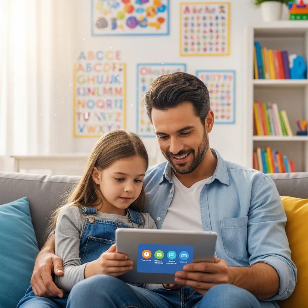 Parent and child engaging with a tablet, demonstrating parental control features in a supportive learning environment