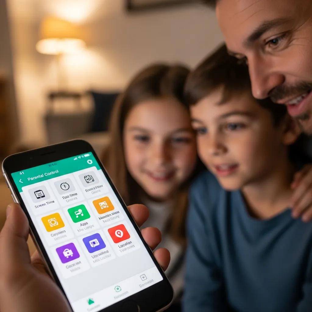 Parent and child exploring a parental control app on a smartphone