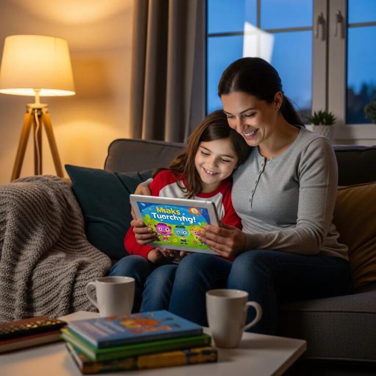 Parent and child exploring online safety together in a cozy living room