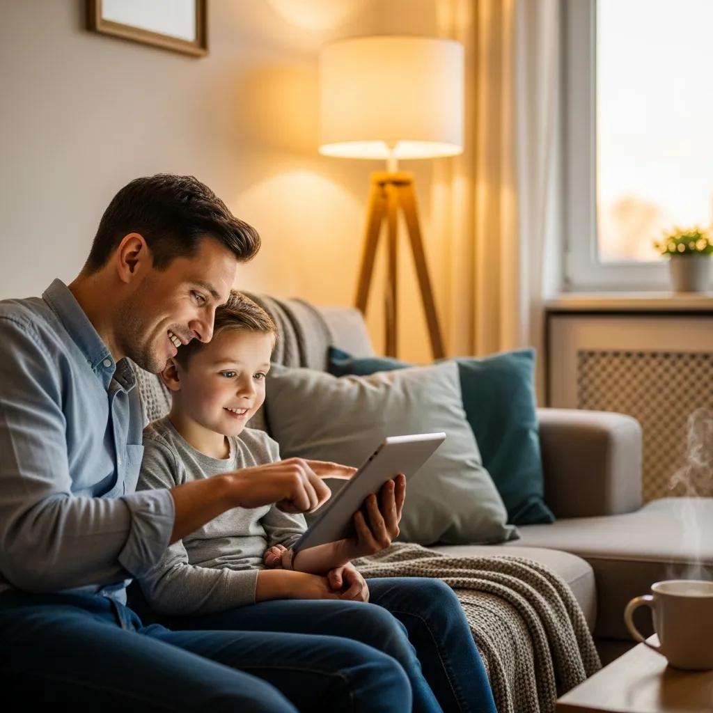 Parent and child interacting with technology in a cozy living room, emphasizing online child protection