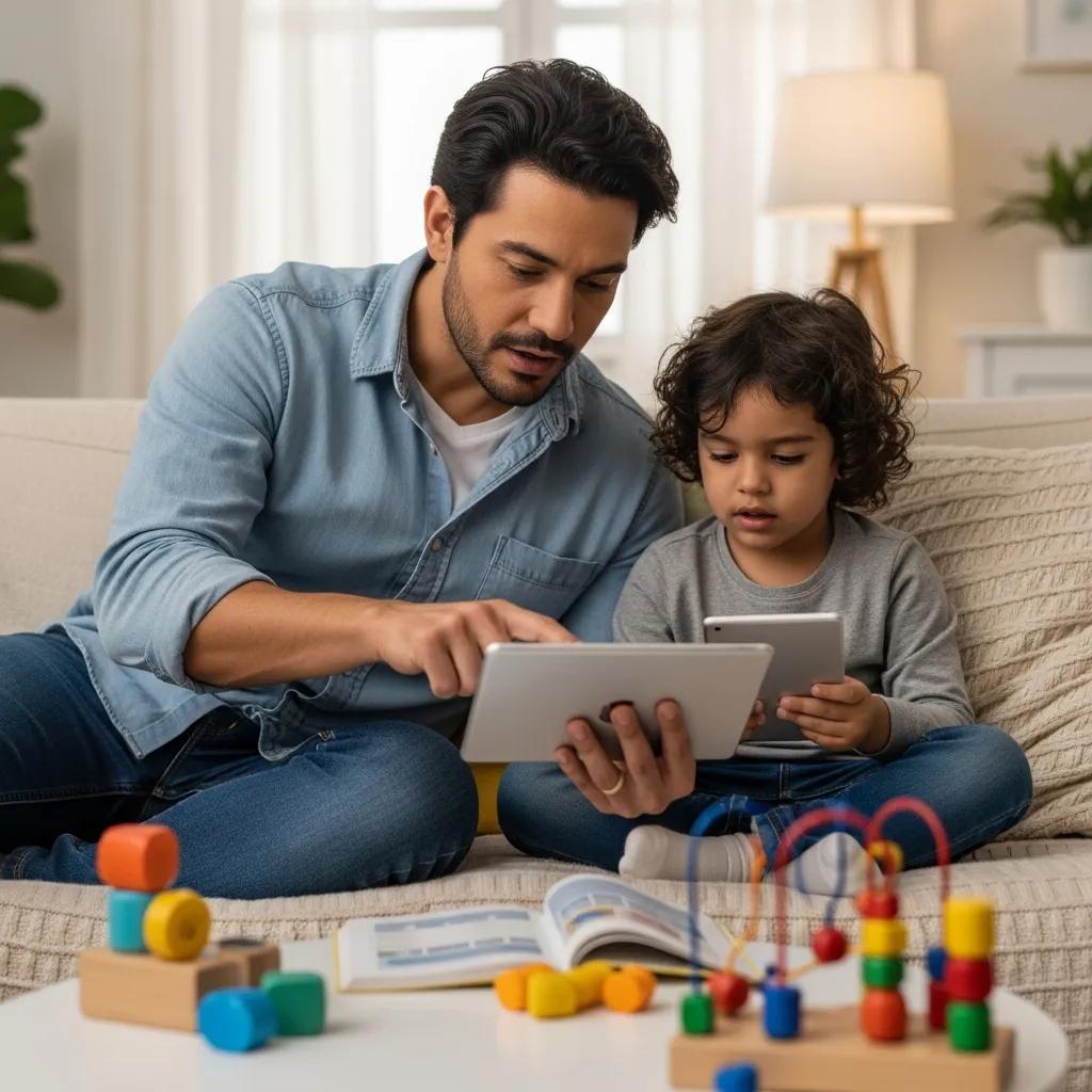 Parent and child learning together about software updates on devices in a cozy living room
